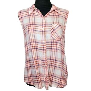 Bongo Women's L Sleeveless Plaid Button Up Shirt Collared Layering Western Soft